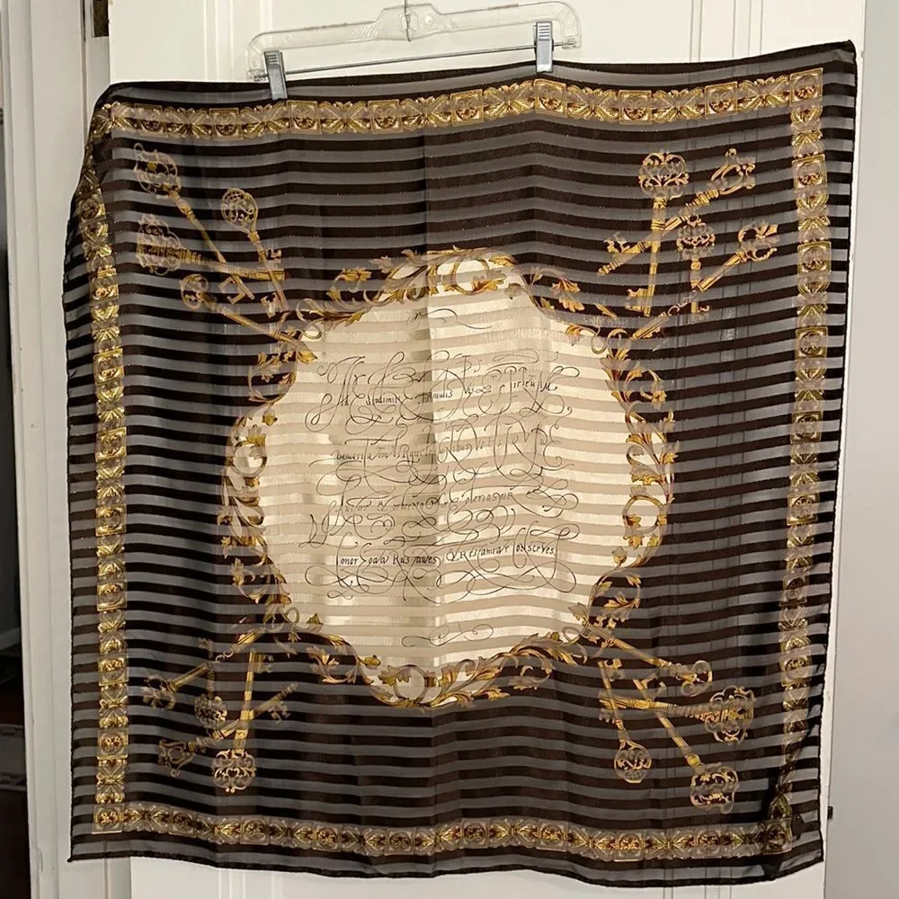 Vtg very large Liz‎ Claiborne brown, gold & cream polyester scarf/ key print